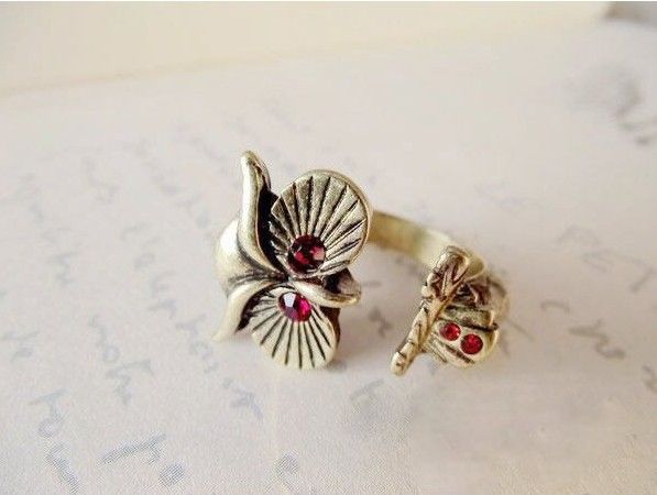 Anel coruja bronze com strass vermelho